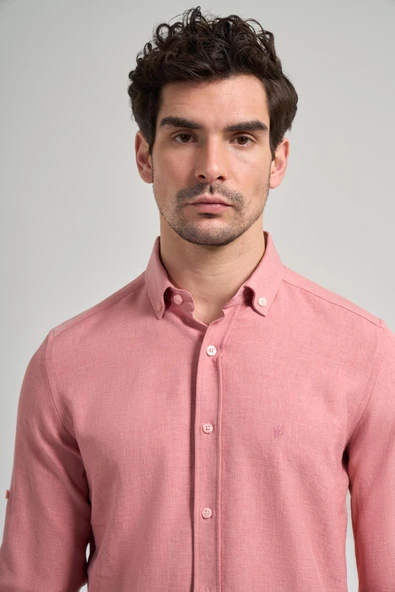 Pembe Kısalabilir Kol Düz Gabardin Düğmeli Yaka Cepsiz Casual Slim Fit Gömlek 1004250124_965 - Resim 4