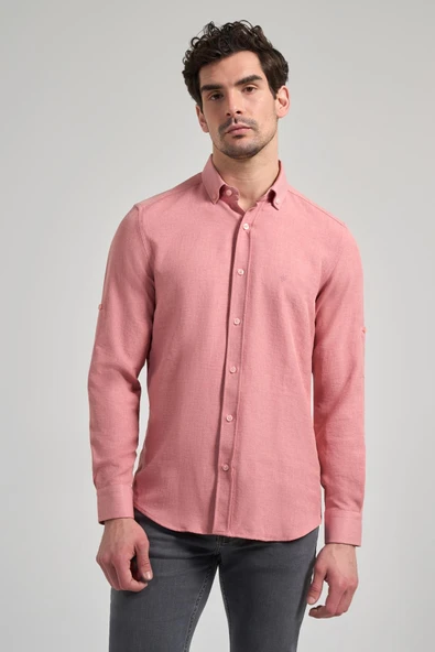 Pembe Kısalabilir Kol Düz Gabardin Düğmeli Yaka Cepsiz Casual Slim Fit Gömlek 1004250124_965 - Resim 3