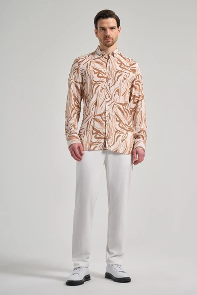 Koyu Kahverengi Uzun Kol Baskılı Düğmeli Yaka Cepsiz Casual Slim Fit Gömlek 1004250138 - Resim 2