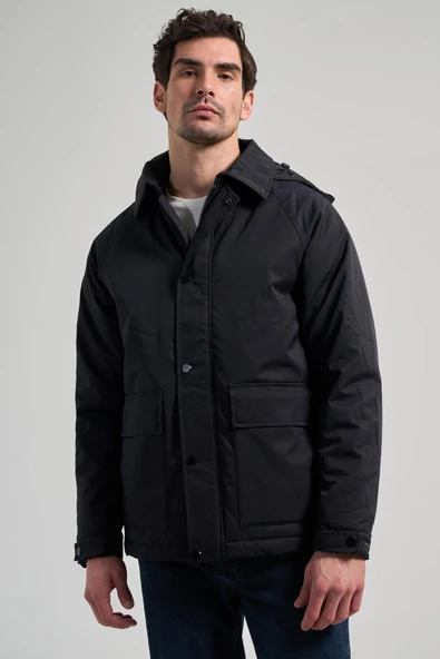 Siyah Bez Ayağı Polo Yaka Düz Tam Astar Standart Fit Casual Mont 1007245165_001 - Resim 3