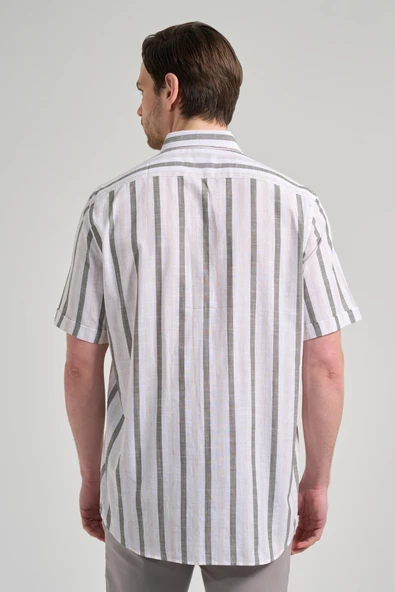 Kısa Kol Çizgili Desen Bez Ayağı Düğmeli Yaka cepli Pamuklu Casual Comfort Fit Gömlek 1004250167 - 5