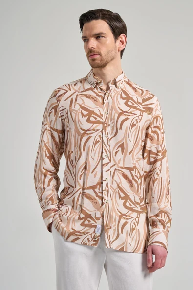 Koyu Kahverengi Uzun Kol Baskılı Düğmeli Yaka Cepsiz Casual Slim Fit Gömlek 1004250138 - Resim 3