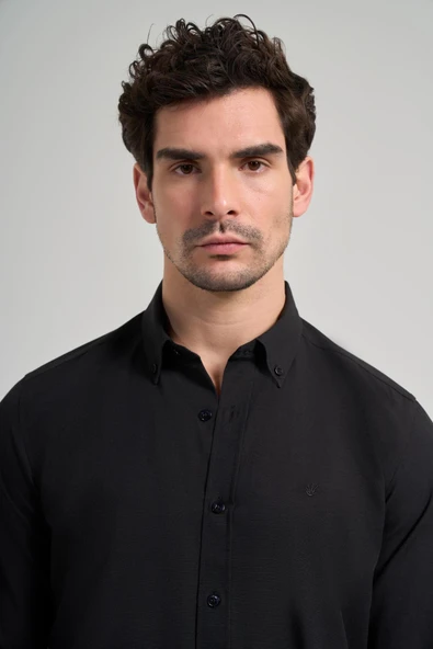 Uzun Kol Düz Oxford Düğmeli Yaka Cepsiz Pamuklu Classic Slim Fit Gömlek 1004250168 - Resim 4