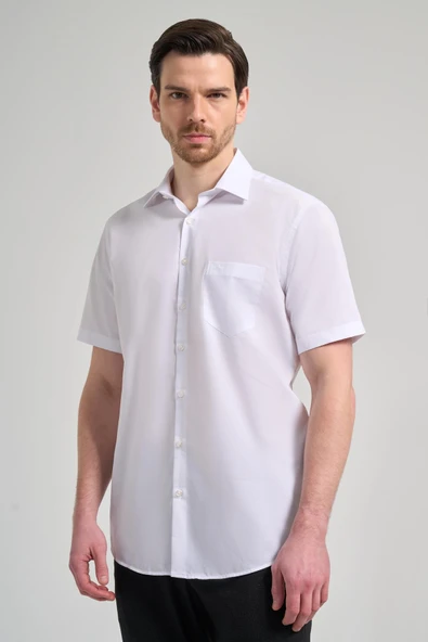 Beyaz Kısa Kol Düz Bez Ayağı 041 Sert Yaka Classic Comfort Fit Gömlek 1004240258