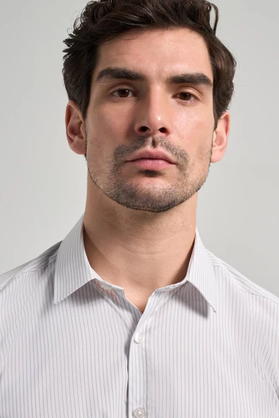 Beyaz Uzun Kol Desen Yarım İtalyan Yaka Cepsiz esnek Classic Slim Fit Gömlek 1004245218 - Resim 4