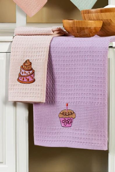 Upstyle 6'lı Nakışlı Kurulama Peçetesi Seti 40x60 cm Lila %100 Pamuk Yumuşak ve Emici - Resim 3