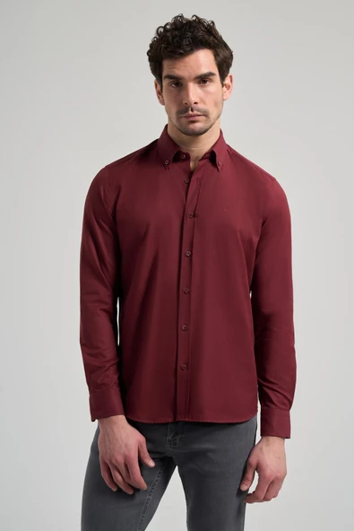 Uzun Kol Düz Oxford Düğmeli Yaka Cepsiz Pamuklu Classic Slim Fit Gömlek 1004250168