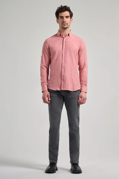 Pembe Kısalabilir Kol Düz Gabardin Düğmeli Yaka Cepsiz Casual Slim Fit Gömlek 1004250124_965 - Resim 2