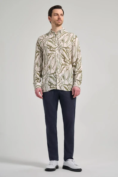 Koyu Haki Uzun Kol Baskılı Düğmeli Yaka Cepsiz Casual Slim Fit Gömlek 1004250138 - Resim 2