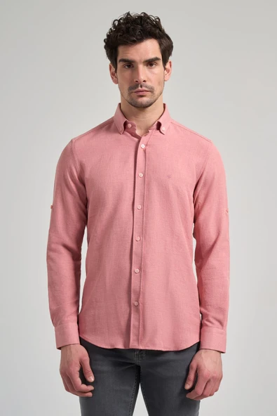 Pembe Kısalabilir Kol Düz Gabardin Düğmeli Yaka Cepsiz Casual Slim Fit Gömlek 1004250124_965