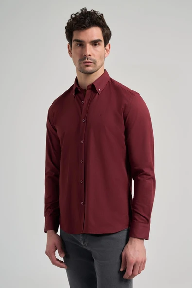 Uzun Kol Düz Oxford Düğmeli Yaka Cepsiz Pamuklu Classic Slim Fit Gömlek 1004250168 - Resim 3