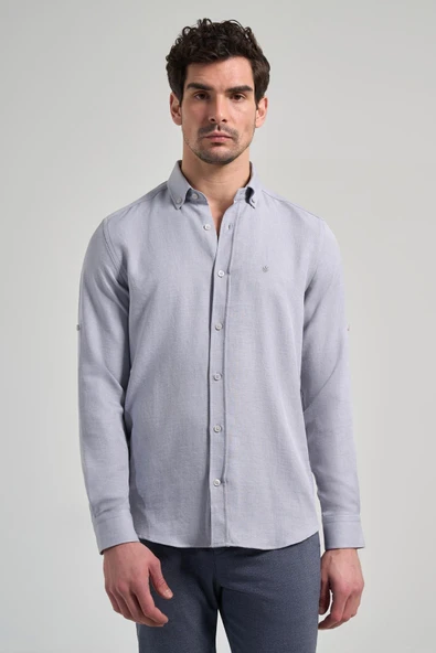 Gri Kısalabilir Kol Düz Gabardin Düğmeli Yaka Cepsiz Casual Slim Fit Gömlek 1004250124_100