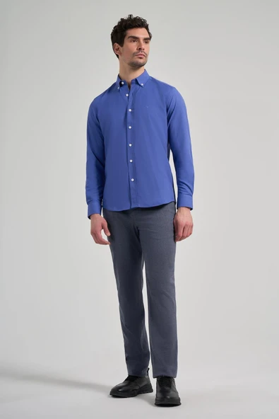 Uzun Kol Düz Oxford Düğmeli Yaka Cepsiz Pamuklu Classic Slim Fit Gömlek 1004250168 - Resim 2