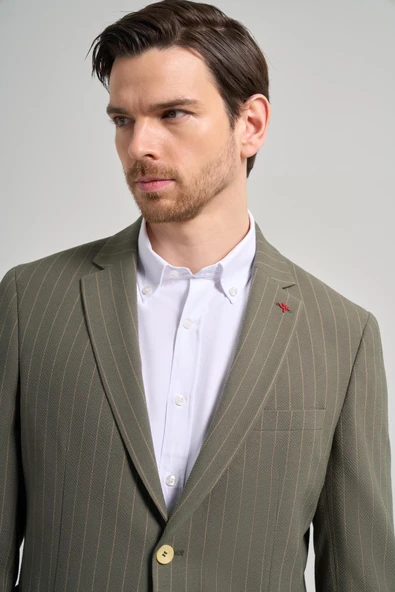 Çizgili Desen Gofreli Mono Yaka Malzemesiz Esnek 6 Drop Slim Fit Ceket 1002250122 - Resim 4