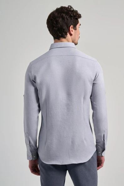 Gri Kısalabilir Kol Düz Gabardin Düğmeli Yaka Cepsiz Casual Slim Fit Gömlek 1004250124_100 - Resim 5