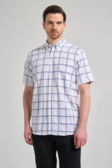 Kısa Kol Ekose Desen Armürlü Düğmeli Yaka cepli Pamuklu Classic Comfort Fit Gömlek 1004250166 - Resim 3