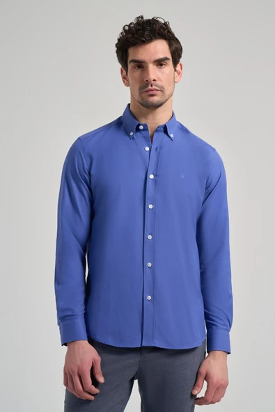Uzun Kol Düz Oxford Düğmeli Yaka Cepsiz Pamuklu Classic Slim Fit Gömlek 1004250168 - Resim 3