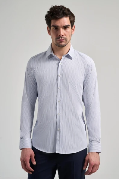 Beyaz Uzun Kol Desen Yarım İtalyan Yaka Cepsiz esnek Classic Slim Fit Gömlek 1004245218
