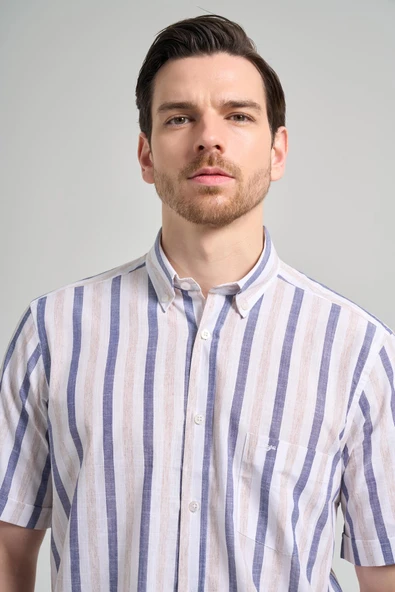 Kısa Kol Çizgili Desen Bez Ayağı Düğmeli Yaka cepli Pamuklu Casual Comfort Fit Gömlek 1004250167 - Resim 4