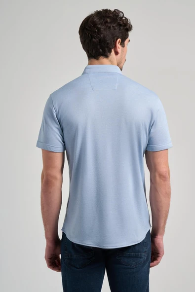 Koyu Mavi Uzun Kol Düz Örme Düğmeli Yaka Cepsiz Pamuklu Classic Slim Fit Gömlek 1004250152_300 - Resim 5