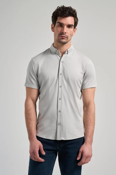 Gri Uzun Kol Düz Örme Düğmeli Yaka Cepsiz Pamuklu Classic Slim Fit Gömlek 1004250152_100