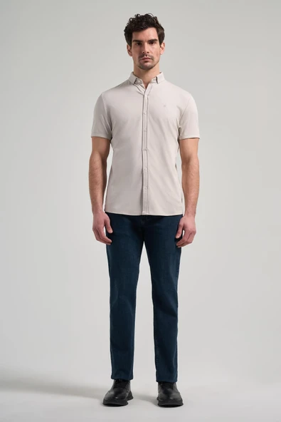 Taş Rengi Kısa Kol Düz Örme İtalyan Yaka Cepsiz Pamuklu Classic Slim Fit Gömlek 1004250156 - Resim 2