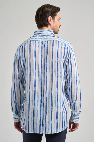 Uzun Kol Baskılı Bez Ayağı Düğmeli Yaka Cepsiz Keten Karışımlı Casual Comfort Fit Gömlek 1004250139 - 5