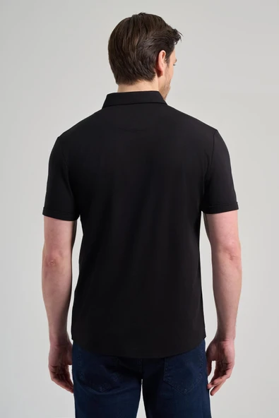 Siyah Kısa Kol Düz Örme İtalyan Yaka Düğmeli Cepsiz Pamuklu Classic Slim Fit Gömlek 1004250156_001 - Resim 5