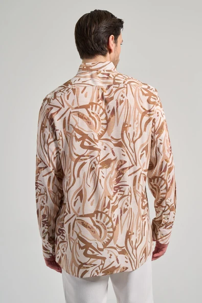 Koyu Kahverengi Uzun Kol Baskılı Düğmeli Yaka Cepsiz Casual Slim Fit Gömlek 1004250138 - Resim 5