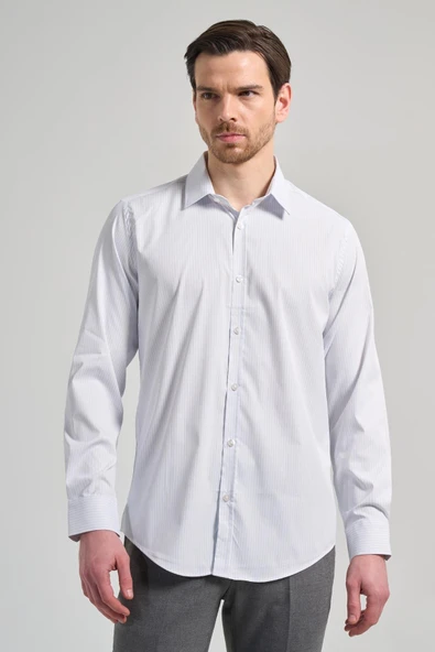 Beyaz Uzun Kol Desen Yarım İtalyan Yaka Cepsiz esnek Classic Slim Fit Gömlek 1004245217 - Resim 3