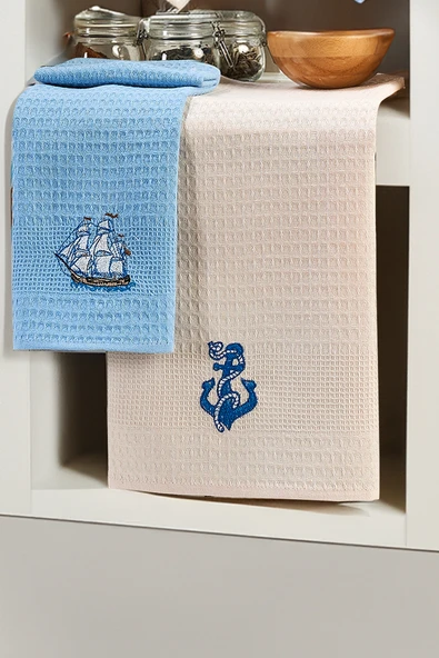 Upstyle 6'lı Nakışlı Kurulama Peçetesi Seti 40x60 Cm Krem Mavi %100 Pamuk Yumuşak ve Emici - 3