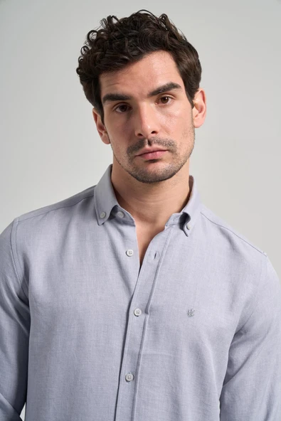 Gri Kısalabilir Kol Düz Gabardin Düğmeli Yaka Cepsiz Casual Slim Fit Gömlek 1004250124_100 - Resim 4