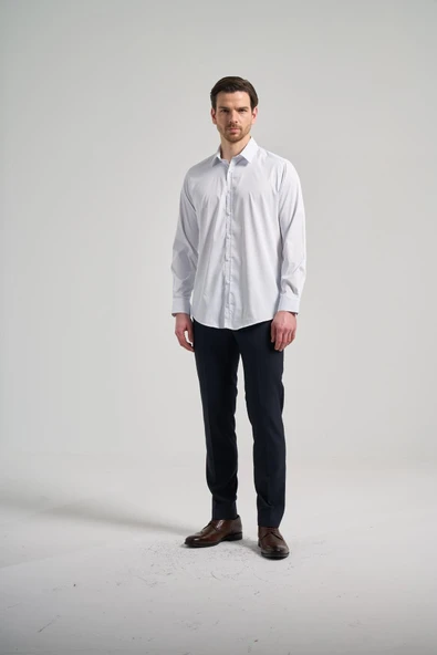 Beyaz Uzun Kol Desen Yarım İtalyan Yaka Cepsiz esnek Classic Slim Fit Gömlek 1004245220 - Resim 2