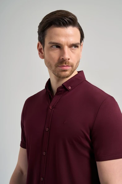 Bordo Kısa Kol Düz Örme İtalyan Yaka Düğmeli Cepsiz Pamuklu Classic Slim Fit Gömlek 1004250156_900 - Resim 4