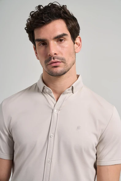 Taş Rengi Kısa Kol Düz Örme İtalyan Yaka Cepsiz Pamuklu Classic Slim Fit Gömlek 1004250156 - Resim 5