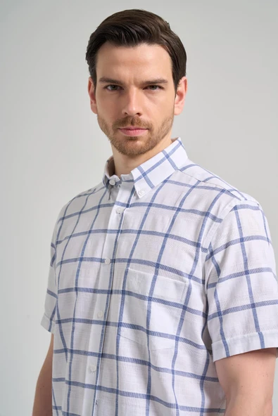 Kısa Kol Ekose Desen Armürlü Düğmeli Yaka cepli Pamuklu Classic Comfort Fit Gömlek 1004250166 - Resim 4