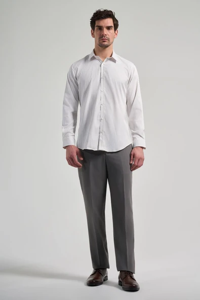 Beyaz Uzun Kol Desen Yarım İtalyan Yaka Cepsiz esnek Classic Slim Fit Gömlek 1004245220 - Resim 2