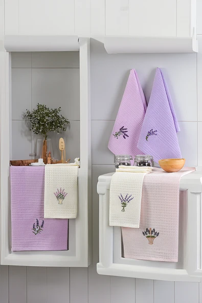 Upstyle 6'lı Nakışlı Kurulama Peçetesi Seti 40x60 cm Lavanta  %100 Pamuk Yumuşak ve Emici - 2