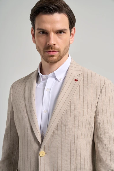 Çizgili Desen Gofreli Mono Yaka Esnek 6 Drop Slim Fit Ceket 1002250122 - Resim 4