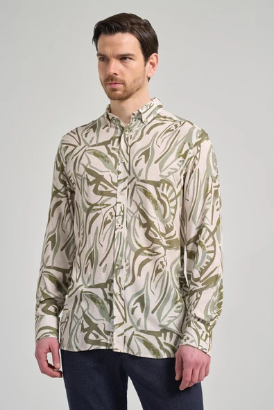 Koyu Haki Uzun Kol Baskılı Düğmeli Yaka Cepsiz Casual Slim Fit Gömlek 1004250138 ürün görseli