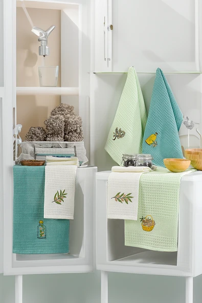 Upstyle 6'lı Nakışlı Kurulama Peçetesi Seti 40x60 cm Zeytin  %100 Pamuk Yumuşak ve Emici - 2