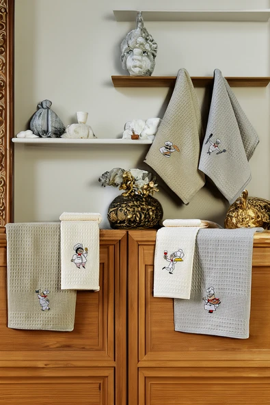 6'lı Nakışlı Kurulama Peçetesi Seti 40x60 Cm Şef Gri Beyaz %100 Pamuk Yumuşak ve Emici - 2