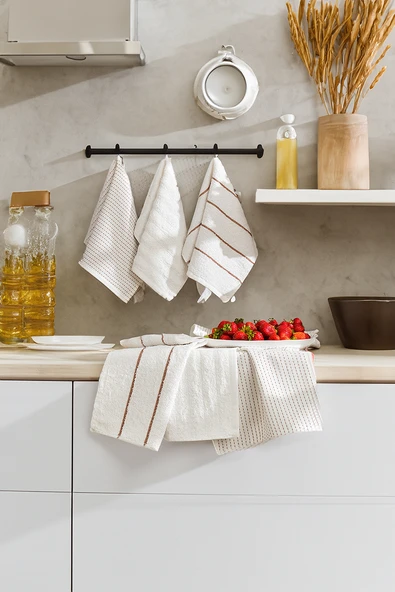 6'lı Nakışlı Kurulama Peçetesi Seti  30x50 cm Krem %100 Pamuk Yumuşak ve Emici - Resim 2