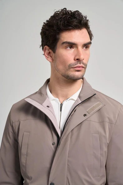 Bej Dik Yaka Yan Cep Dolum Şişme Standart Fit Casual Mont 1007245166 - Resim 4