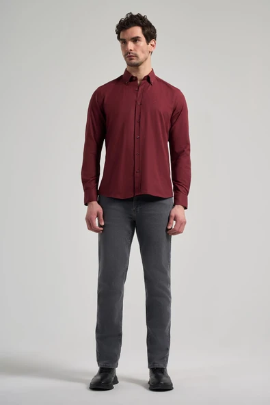 Uzun Kol Düz Oxford Düğmeli Yaka Cepsiz Pamuklu Classic Slim Fit Gömlek 1004250168 - Resim 2