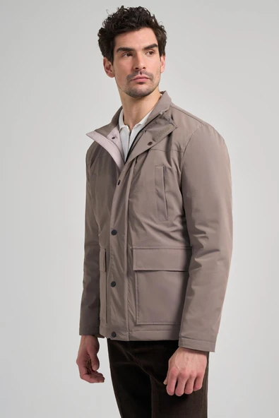 Bej Dik Yaka Yan Cep Dolum Şişme Standart Fit Casual Mont 1007245166 - Resim 3