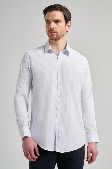 Beyaz Uzun Kol Desen Yarım İtalyan Yaka Cepsiz esnek Classic Slim Fit Gömlek 1004245220 - Resim 3
