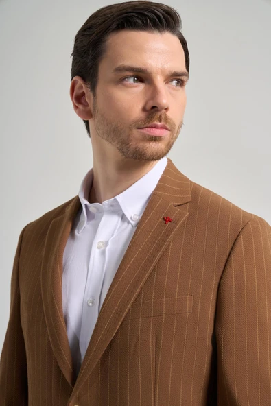 Çizgili Desen Gofreli Mono Yaka Esnek 6 Drop Slim Fit Ceket 1002250122 - Resim 4