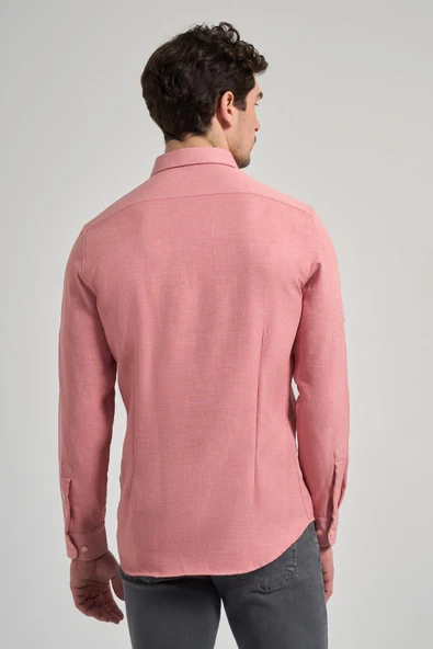 Pembe Kısalabilir Kol Düz Gabardin Düğmeli Yaka Cepsiz Casual Slim Fit Gömlek 1004250124_965 - Resim 5