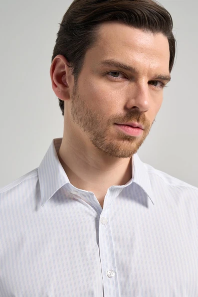 Beyaz Uzun Kol Desen Yarım İtalyan Yaka Cepsiz esnek Classic Slim Fit Gömlek 1004245220 - Resim 4